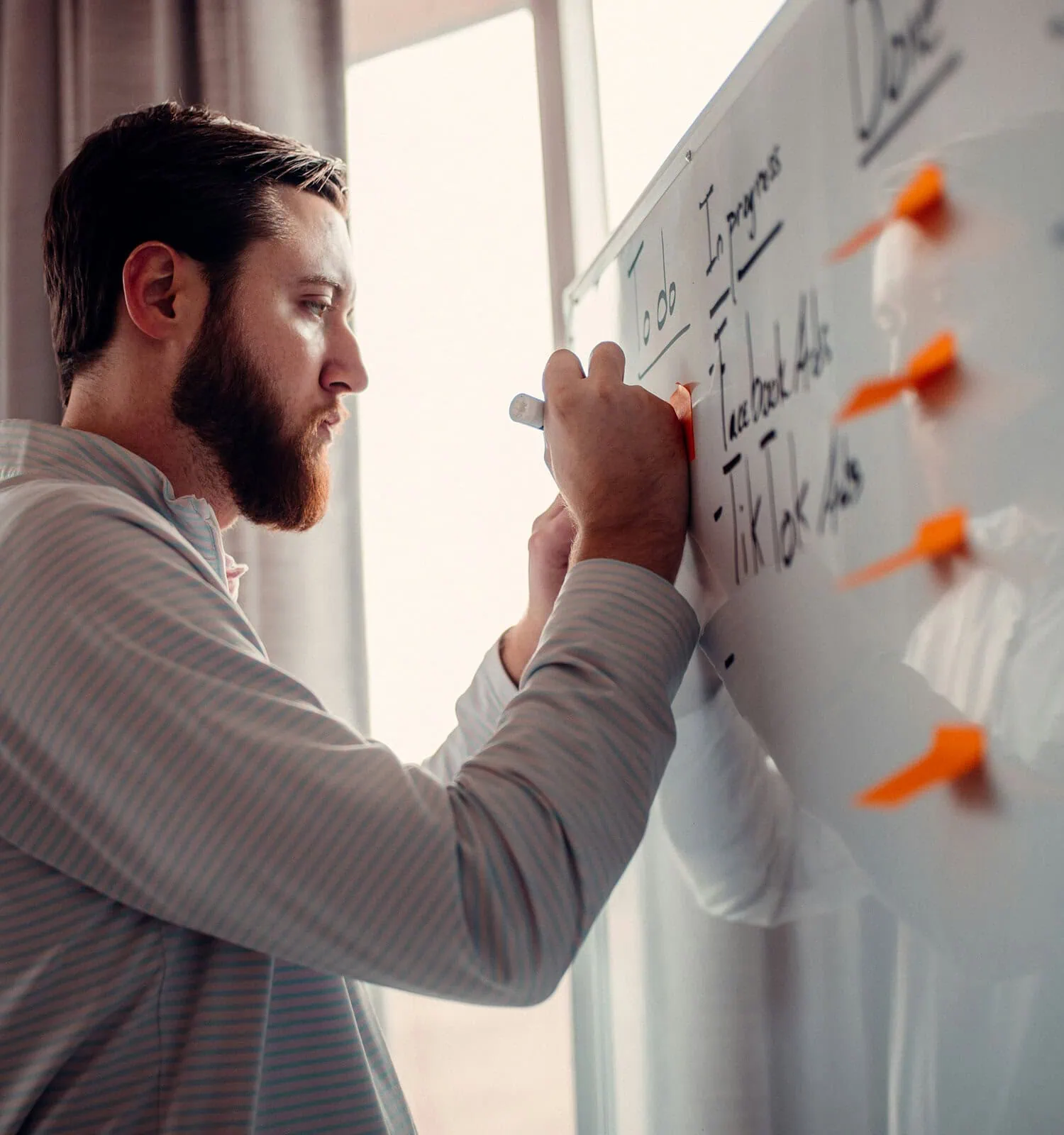 consultant mapping out business workflow on a whiteboard
